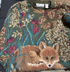 Maglione grosso vintage Isole del Nord volpe rossa verde oliva floreale lavorato a mano L - Foto 1 di 11