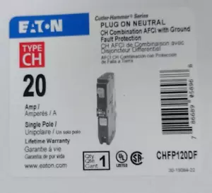 EATON CHFP120DF CIRCUIT BREAKER 20 AMP 120/240 VOLT 1-POLE AFCI/GFCI NEW IN BOX - Picture 1 of 9
