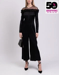 RRP€1420 BLUMARINE Jumpsuit IT34 US0 UK4 XXS Black Tulle Insert Ruffle Cropped - Picture 1 of 12