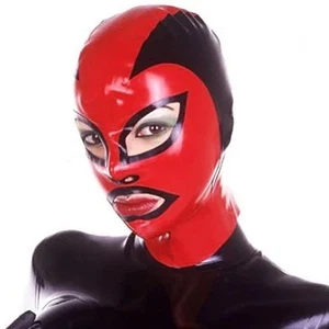 Latex Hood with Black & Red Tone Rubber Mask Cosplay Clubwear Fetish Back Zipper - Picture 1 of 3