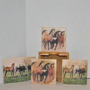 John Saunders Kunst Wildpferde Keramik Untersetzer 5er Set mit Holzhalter Ranch - Bild 1 von 9