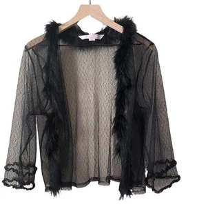 Victorias Secret Sheer Mesh Cardigan with feather boa trim Womens Size M L Y2K - Picture 1 of 8