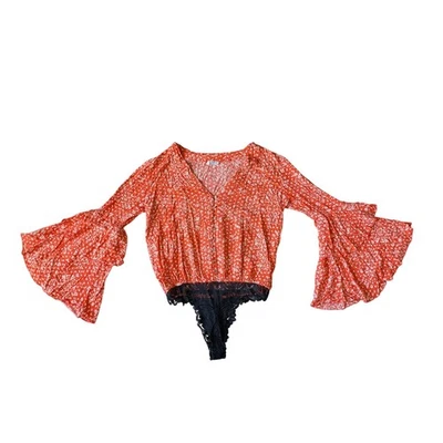 Intimately Free People Ruffle Flared Bodysuit M Orange Ditsy Fairy Boho Festival - Image 1 of 4