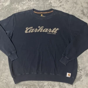 Carhartt Waffle Knit Sweatshirt Mens XL Blue Crew Neck Spelled Out Logo - Picture 1 of 7