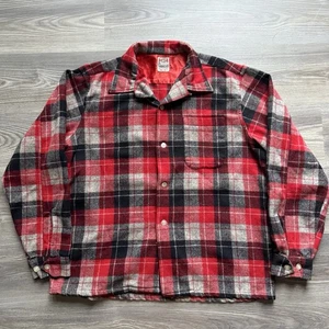 Vintage 60s Campus Plaid Flannel Shirt Loop Collar Medium Wool Blend Camp - Picture 1 of 10