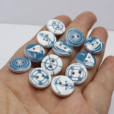 100pcs 15mm Nautical Wood Buttons - Mixed Anchor & Helm Pattern White Buttons - Image 1 of 4