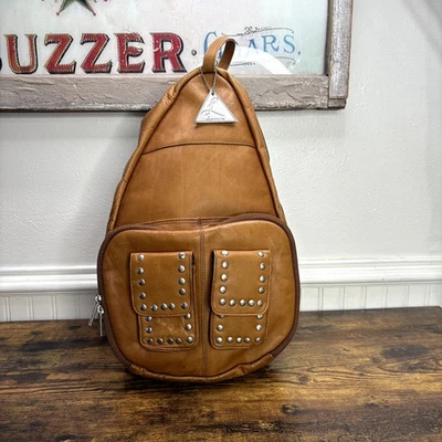 Bolso Bandolera Lavive Convertible Mochila Cuero Tostado Bolsillos con Tachuelas Boho Western Foto 1 de 4