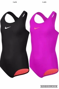 NWT Nike girls core solid racerback one piece swimsuit black fire pink 7 8  - Picture 1 of 12