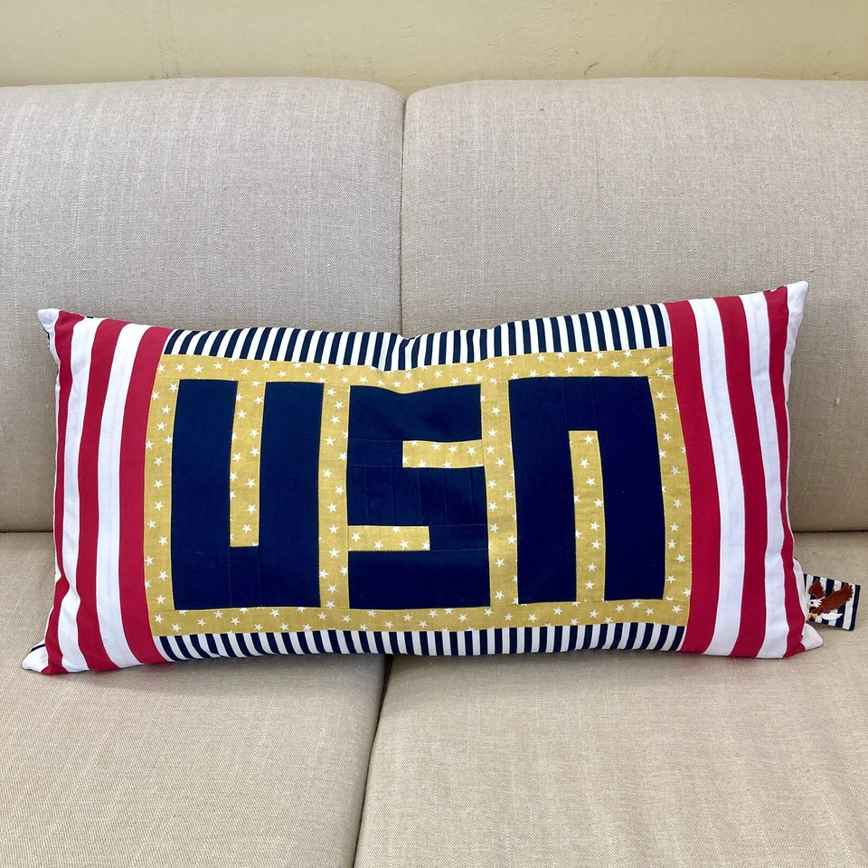 Unique USA Quilt Pillow Large Handmade Quilted Patriotic Lumbar 27” Red Blue - Image 1 of 4
