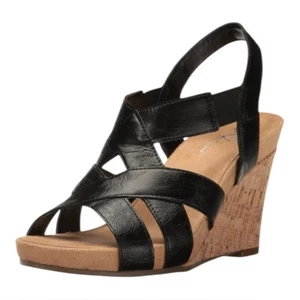 Aerosoles A2 Schwimmen Plüsch schwarz Leder Riemchen Keilabsatz Sandalen Größe 8,5 Korkabsatz - Bild 1 von 15