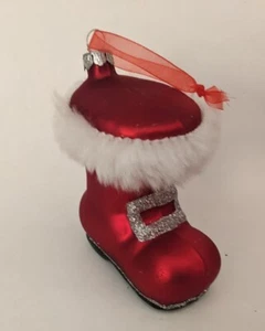 Weihnachtsmann Stiefel Glas Ornament mit Kunstfellbesatz Glitzer Glitzer Schuhschnalle 3" - Bild 1 von 9
