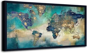 Large 29x58 Framed World Map Canvas Art - Stylish Wall Decor for Living Spaces - Picture 1 of 11