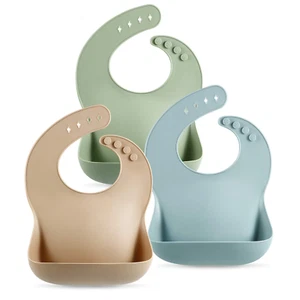 Set of 3 Silicone Baby Bibs Waterproof Soft Unisex 10-72 Months Brown/Blue/Green - Picture 1 of 11