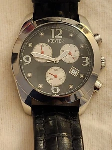 Ice-Tek Mens Chronograph Black Dial with 8 Diamonds Leather Band RD01/200014 - Picture 1 of 24