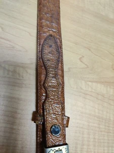 Kids Tooled Brown Genuine  Emu Skin Belt Western Silver/Gold Buckle 36 Vintage - Picture 1 of 20