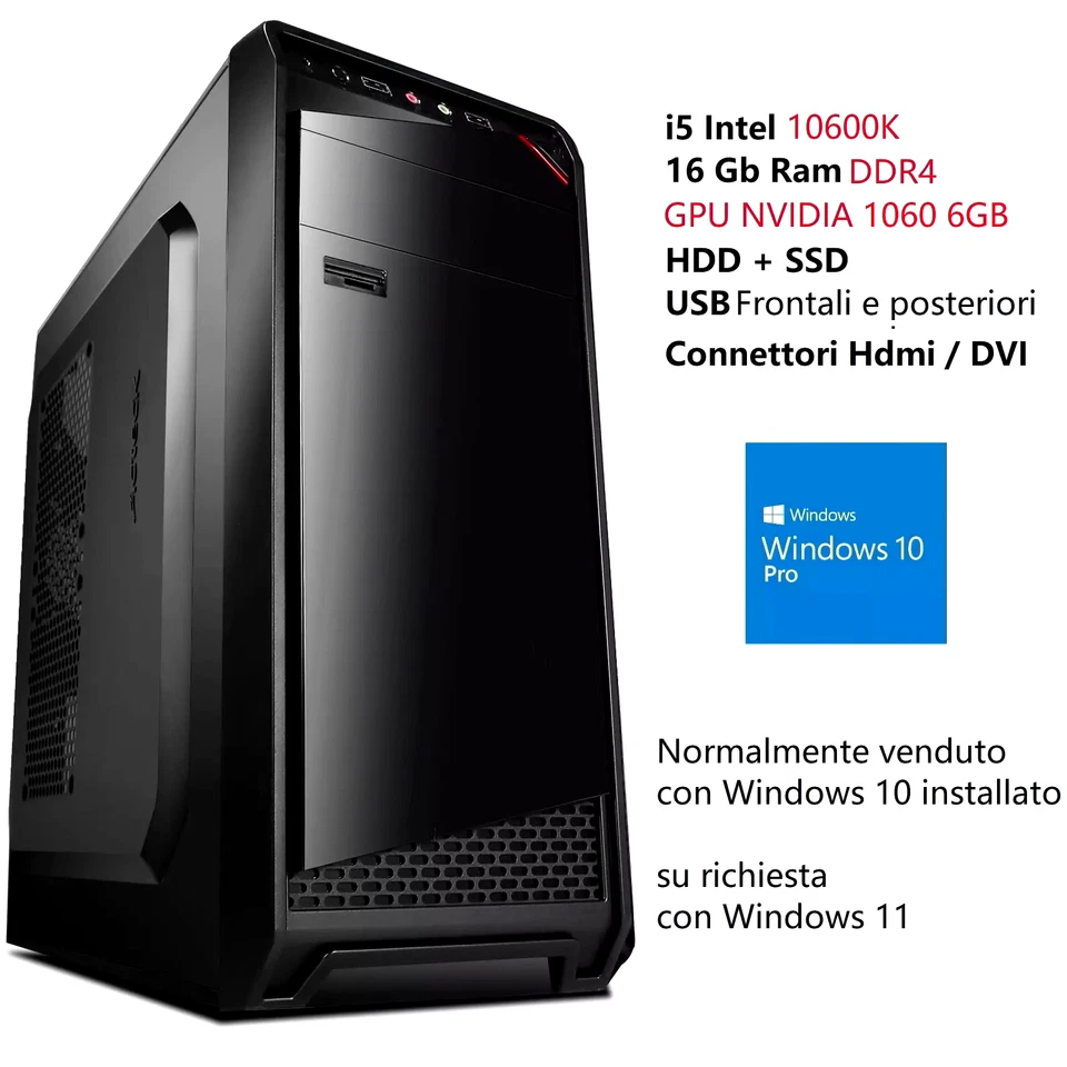 PC COMPUTER ASSEMBLATO GAMING INTEL 10600K 16 GB DDR4 NVIDIA 6GB SSD+HDD HDMI - Immagine 1 di 1