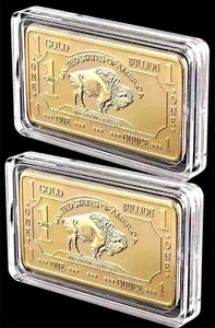 LOT 2 X 1 TROY OZ 24K 100 MILS .999 GOLD LAYERED BUFFALO BARS IN CAPSULE BU - Picture 1 of 8