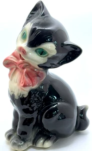 Vintage 1950's ROYAL COPELY BLACK TUXEDO Porcelain CAT with Pink Bow (7.5") - Bild 1 von 5