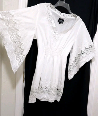 Camisa Top BOHO Campesina Hada Angie Años 90 De Colección Y2K Mediana ENCAJE BLANCO Acampanada 3/4 Slv Foto 1 de 4
