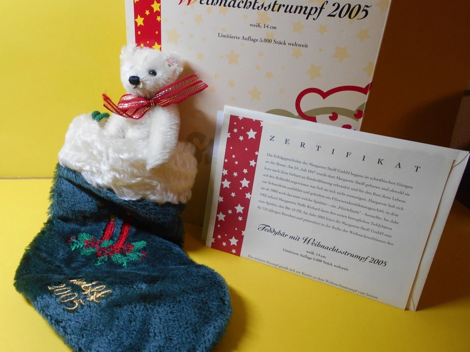2005 STEIFF Teddybär mit Weihnachtsstrumpf 037641 weiss 14 cm OVP limitiert - Bild 1 von 4