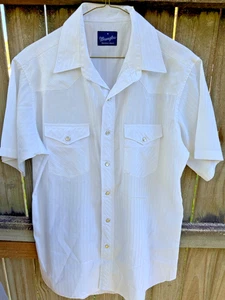 Vintage Wrangler Mens M Western Short Sleeve White Shirt Pearl Snaps 80s Stripe - Picture 1 of 4