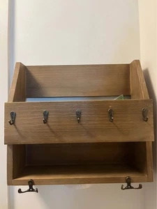 Wall-Mounted Wooden Mail Organizer with Hooks - Picture 1 of 3