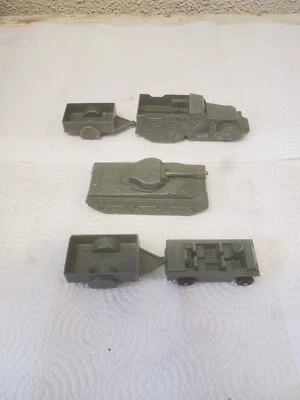 5 Midge Toy Metal Army Vehicles Tank Jeep Halftrack 2 Trailers Green  - Image 1 of 4