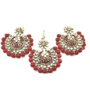 Bollywood Indian Ethnic Kundan Zircon Red Pearl Chandbali Jhumki Maangtikka Set - Picture 1 of 3