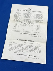 Lista de precios de suscripción de registro de Vermont 1870 con información, Claremont Mfg. Co. - Imagen 1 de 6