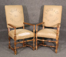 Pair French Carved Walnut Louis XIV Style Armchairs with French Upholstery