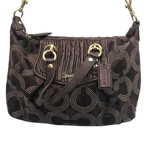 Coach Ashley Brown Metallic Op Art Gathered Leather Satchel Shoulder Bag F20015 - Picture 1 of 14