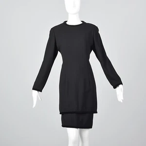 S 1980s Valentino Miss V Black Long Sleeve Pencil Dress Velvet Trim 80s VTG - Picture 1 of 12