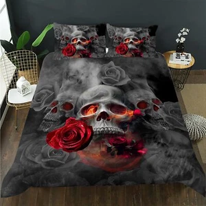 Sugar Skull Duvet Cover Set King Size, Red Rose Skull Comforter Cover Set,Hal... - Picture 1 of 7