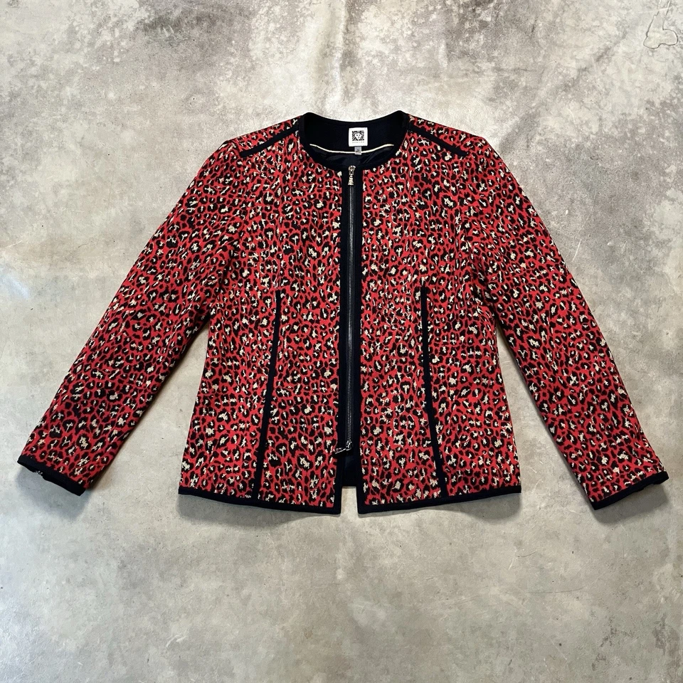 Anne Klein Jacket Womens Size 12 Animal Ponte Red Gold Leopard Print Office - Image 1 of 4