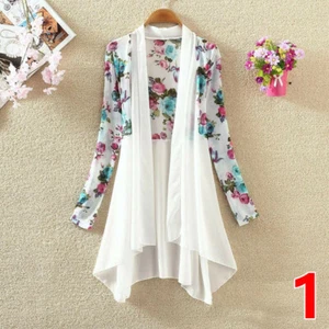 Lady Mid-length Cardigan Coat Asymmetrical Floral Thin Beach Sun Protection Chic - Picture 1 of 15
