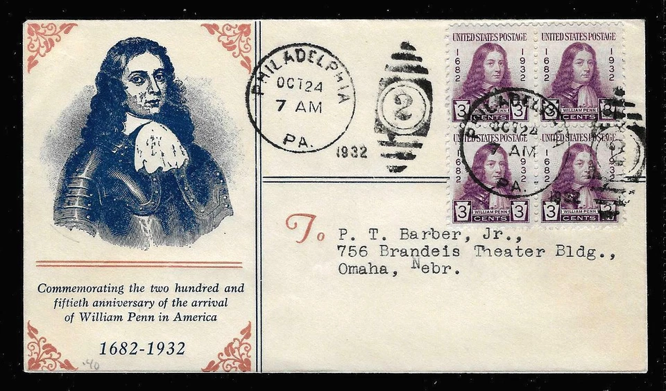 724 3c Stamp (1932) THE WILLIAM PENN FDC BY LINPRINT & ADAM K. BERT - BLOCK !!! - Image 1 of 1