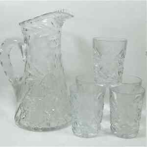 Vintage Crystal Cut & Etched Glass Pitcher Set w/ 4 Tumblers Flowers and Leaves
