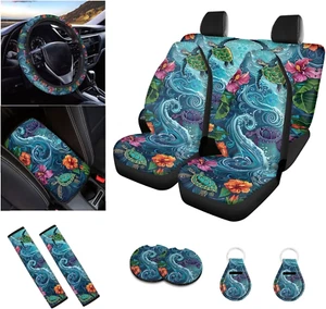 Sea Turtle Car Seat Covers Full Set for Women Men, Hibiscus Printed Steering Whe - Picture 1 of 4