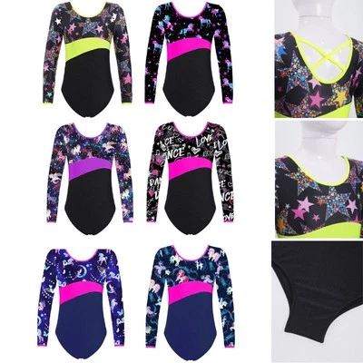 Kids Girls Bodysuit Fitness Leotard Printed Jumpsuit Figure Ice Skating Dance - Image 1 of 3