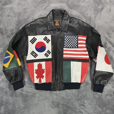 Vintage Phase 3 Leather Jacket Mens Small Black Multicolor Flags Bomber 90s - Image 1 of 4