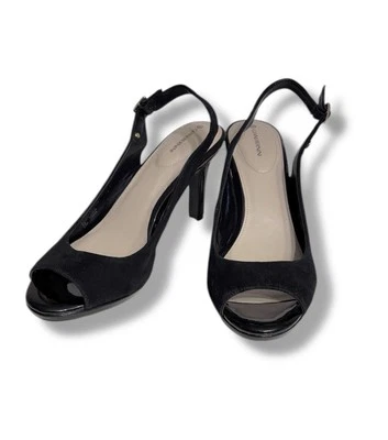 GIANI BERNINI Blankaa Black Suede & Patent Leather Peep Toe Slingback Heels - Image 1 of 4