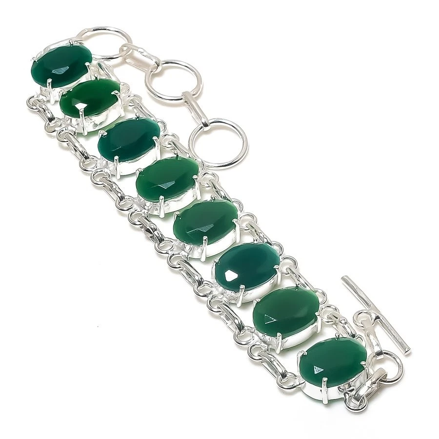 Green Onyx Gemstone Handmade 925 Sterling Silver Jewelry Bracelet 7-8" - Image 1 of 1