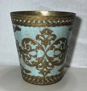 RARE VINTAGE ITALY FLORENTINE BLUE GOLD TRASH CAN WASTE BASKET NORLEANS LOOK! - Picture 1 of 5