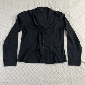 Nine West Button Up Blouse Womens Sz. 10 (M) Black Stretch Tie Bow Long Sleeve - Picture 1 of 6