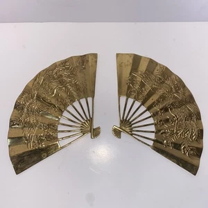Messing Paar zwei hängende asiatische erhabene Phönix Drachen Fächer Wandkunst Dekor schwer - Bild 1 von 12