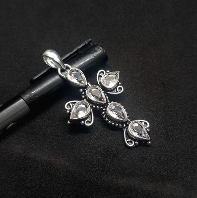 Colgante Cruz Joyería Piedras Preciosas Topacio Blanco Plata de Ley 925 Foto 1 de 4