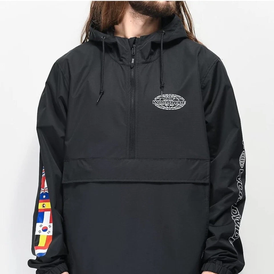 Chaqueta cortavientos HUF Worldwide Flag Anorak negra media cremallera ropa de calle grande  Foto 1 de 4