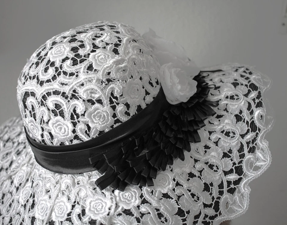 Designer Lace Wide Brim Kentuckey Derby Sun Hat in Black and White - Image 1 of 4