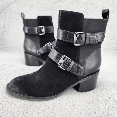 Donald Pliner Mujer Botín 7.5 Negro Gamuza Moto Elegante Botín Tacón Apilado Foto 1 de 4