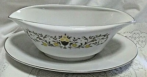 Vintage Sterling Florentine Fine China Gravy Boat-Attached 8 3/4" Under-Plate - Picture 1 of 12